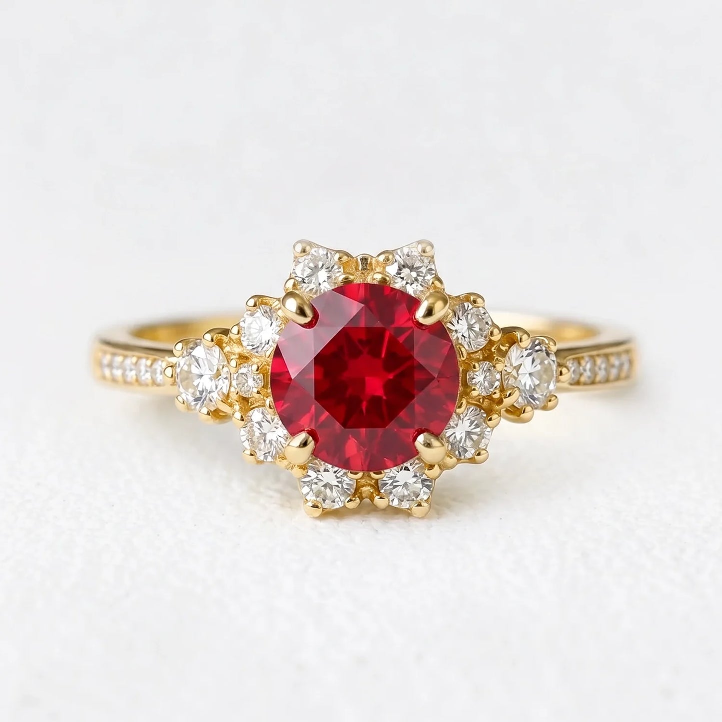 Valencia’s Pulse | Burgundy Round Ruby Halo Engagement Ring