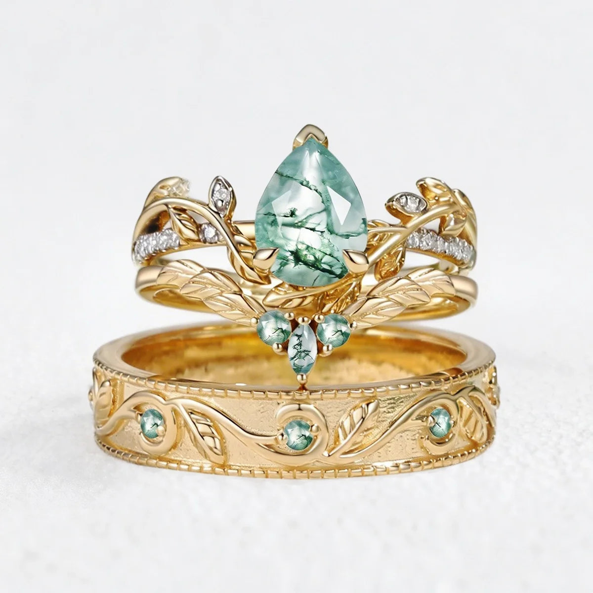 Marguerite’s Garland | Pear Cut Moss Agate Couple’s Ring Set 3pcs