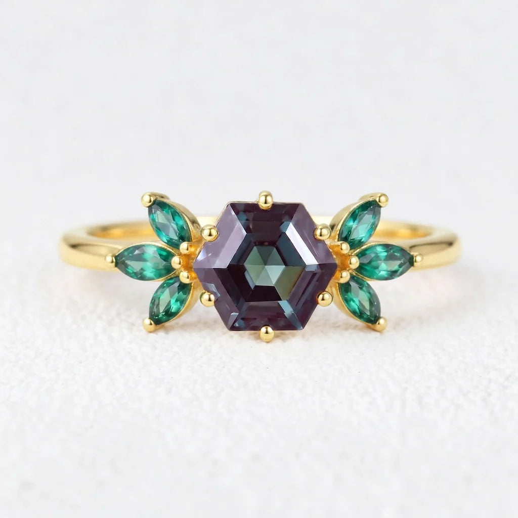Isadora’s Prism | Hexagon Alexandrite Emerald Accents Engagement Ring