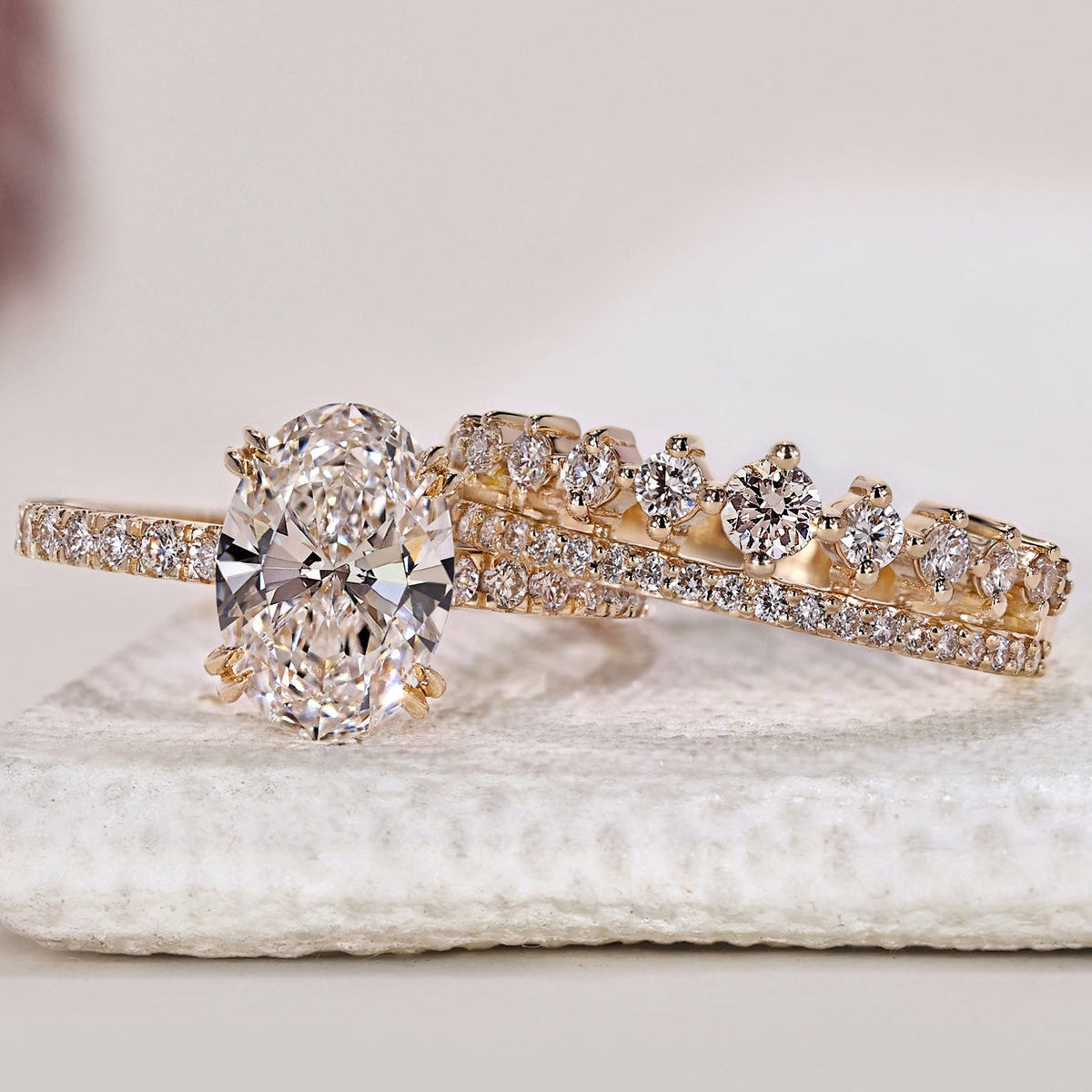 Oval Diamond Pave Engagement Ring with Wedding Band