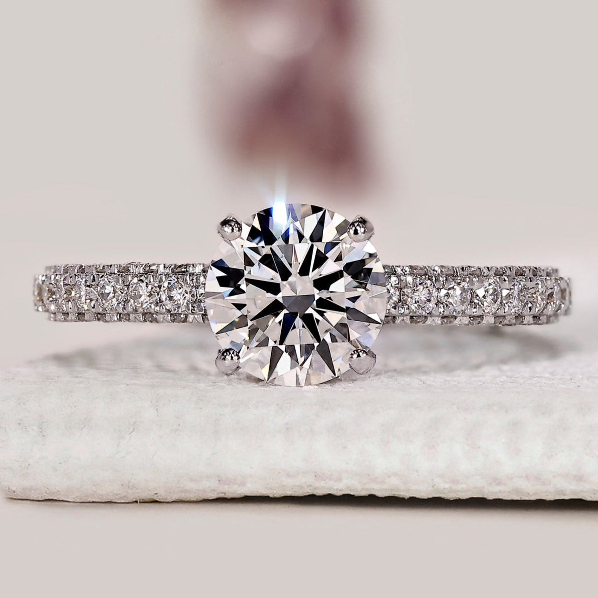 Round Diamond Engagement Ring With 3 Side Pave Setting