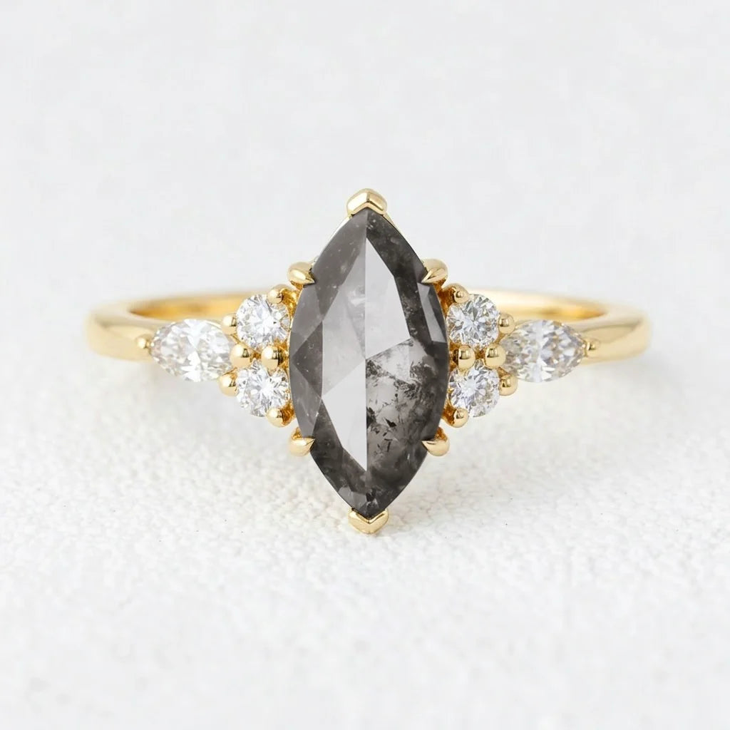 Isadora’s Stardust | Marquise Cut Salt & Pepper Diamond Cluster Engagement Ring