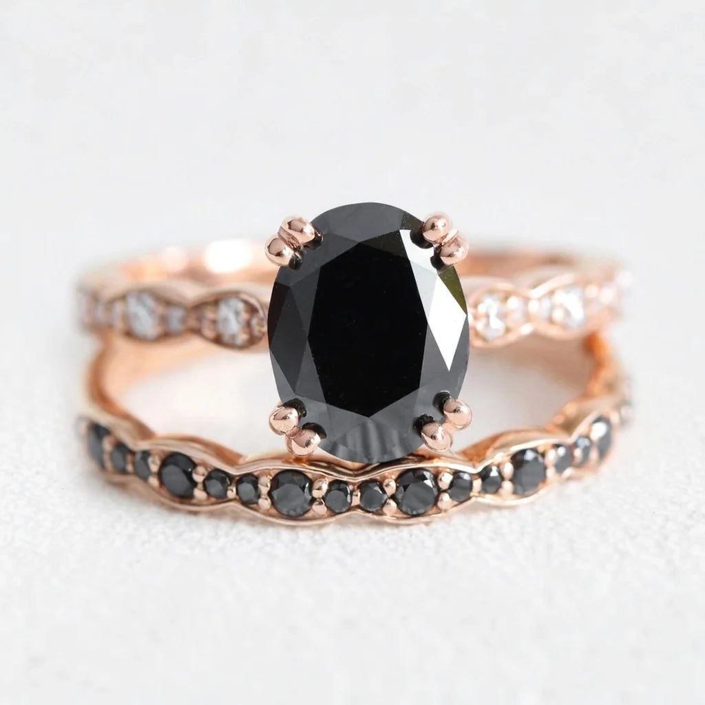 Nyx’s Shadow | Oval Black Diamond Bridal Set with Black Diamond Bands 2pcs