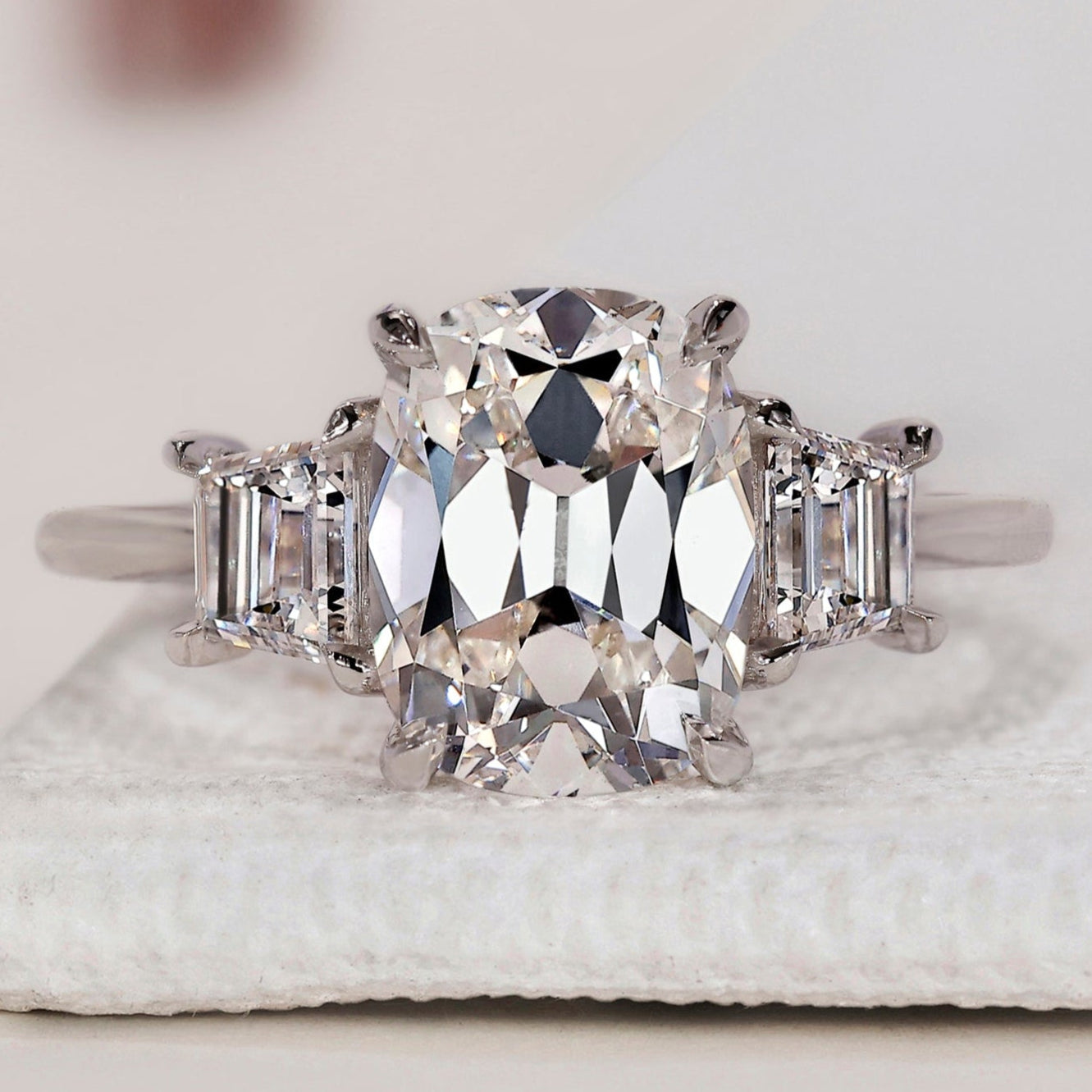 Old Mine Cut Diamond Engagement Ring In White Gold