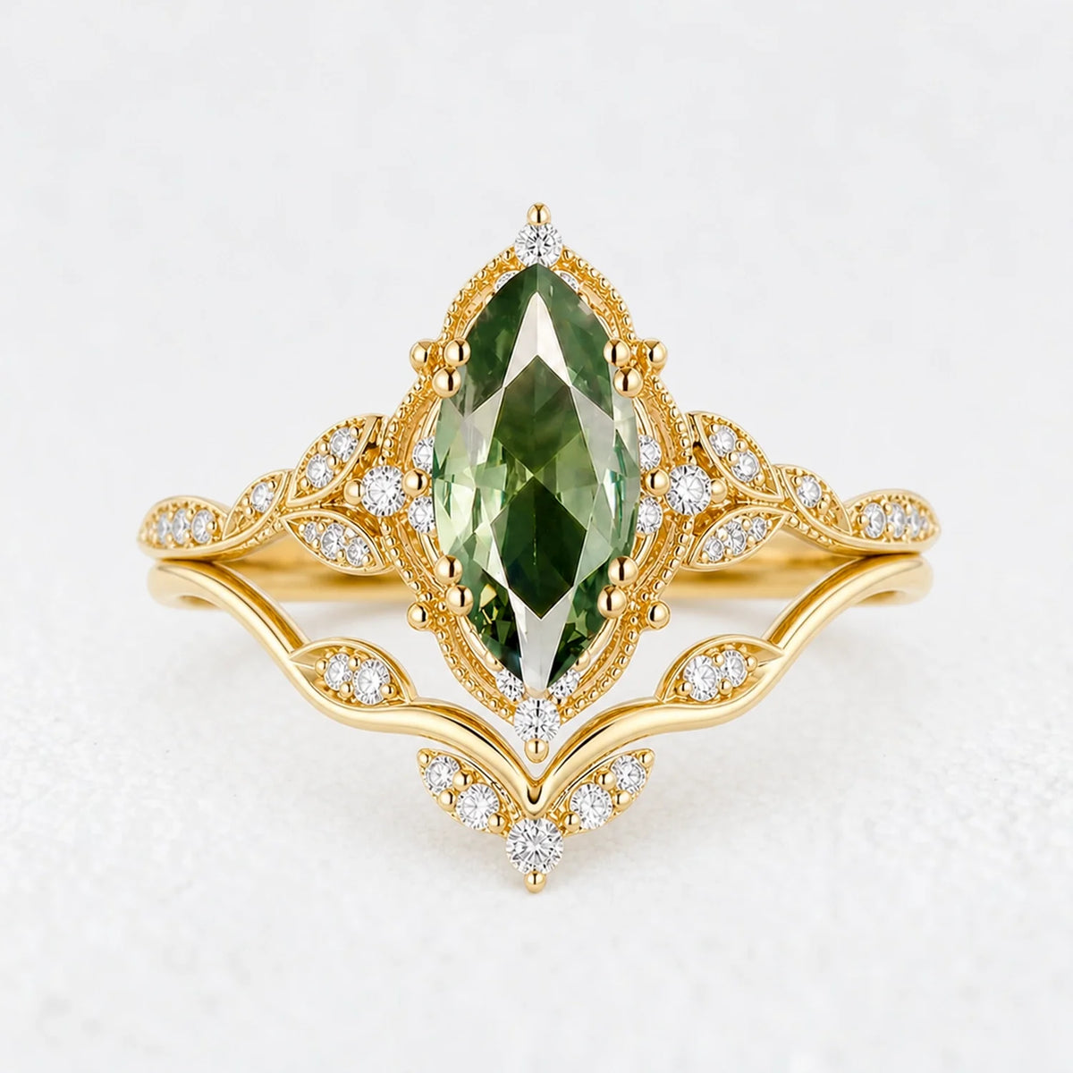 Marguerite’s Laurel | Marquise Green Sapphire Vine Bridal Duo