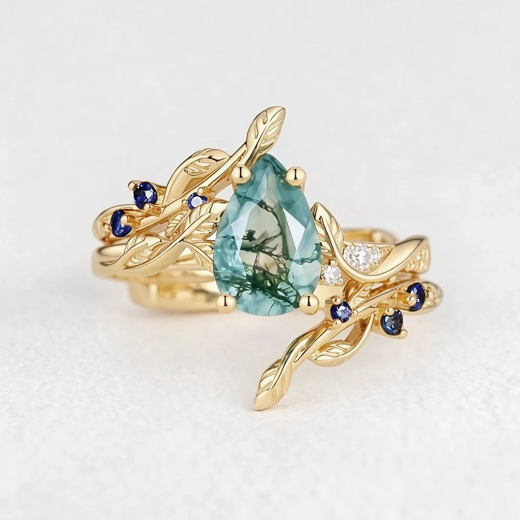 Cressida’s Companion | Moss Agate & Sapphire Engagement Enhancer Ring Set 2pcs