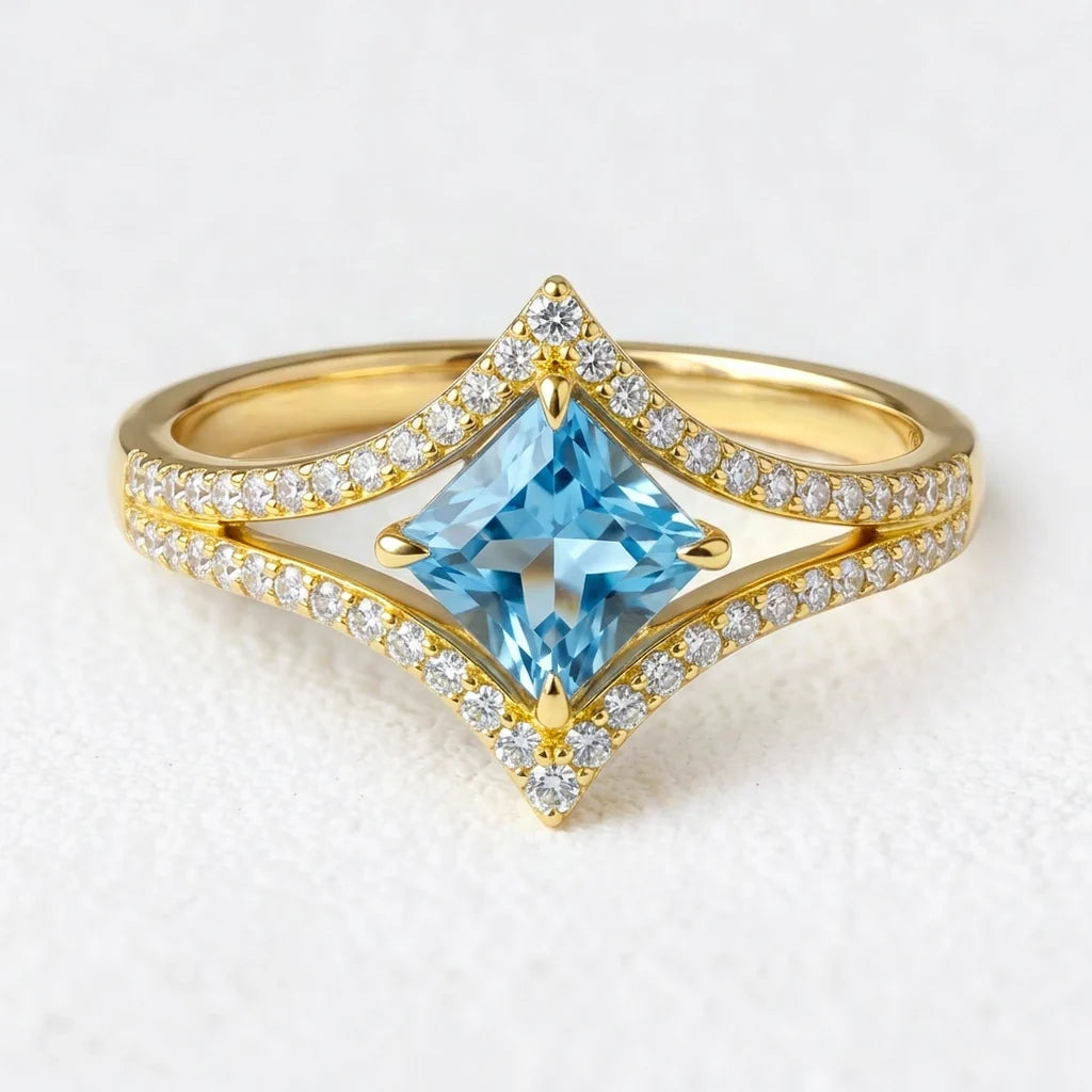 Celia’s Tide | 2CT Princess Aquamarine Halo Engagement Ring