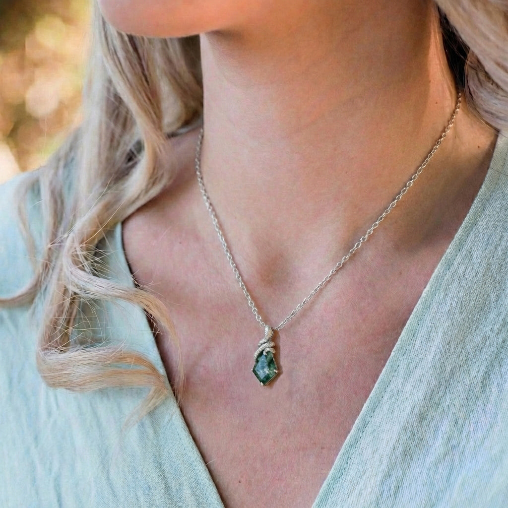 Artisan Kite Cut Moss Agate Mystical Serpent Carved Nature Inspired Necklace
