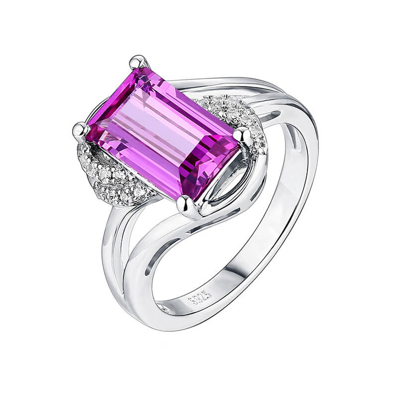 Emerald-Cut Purple Sapphire Bypass Split Shank Pave Sterling Silver Ring