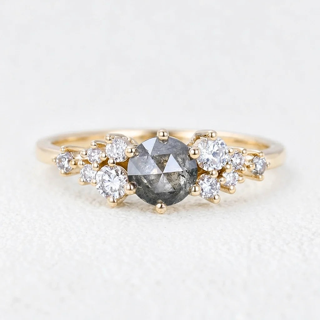 Isadora’s Solstice | Round Salt & Pepper Diamond Cluster Engagement Ring