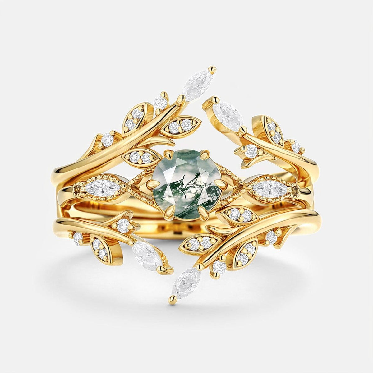 Zinnia’s Thicket | Round Cut Moss Agate Leafy Cage Bridal Set 2pcs