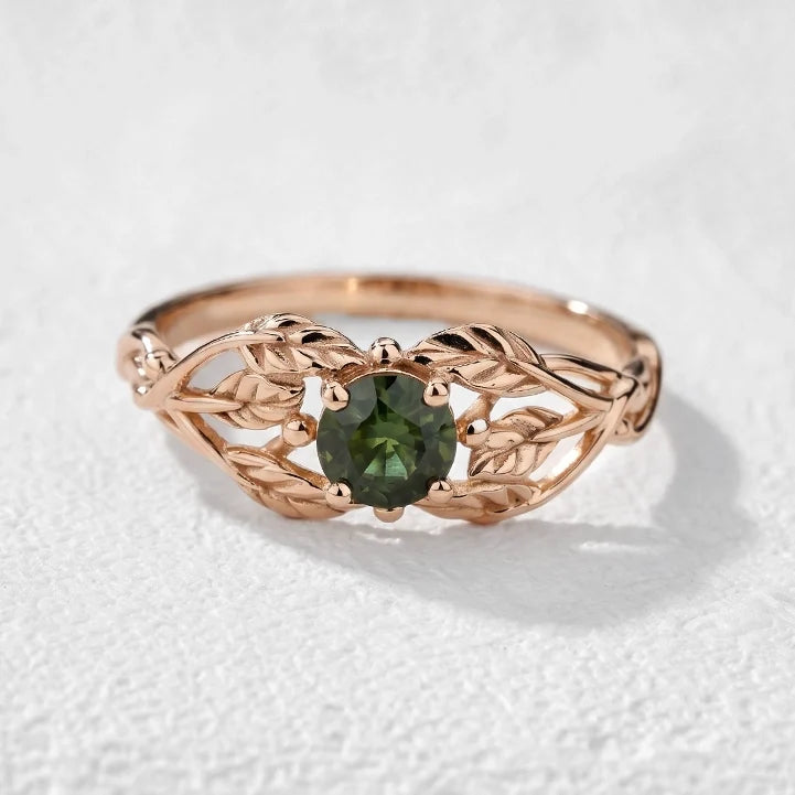 Scarlett’s Laurel | Round Red Sapphire Solitaire with Laurel Leaves Engagement Ring
