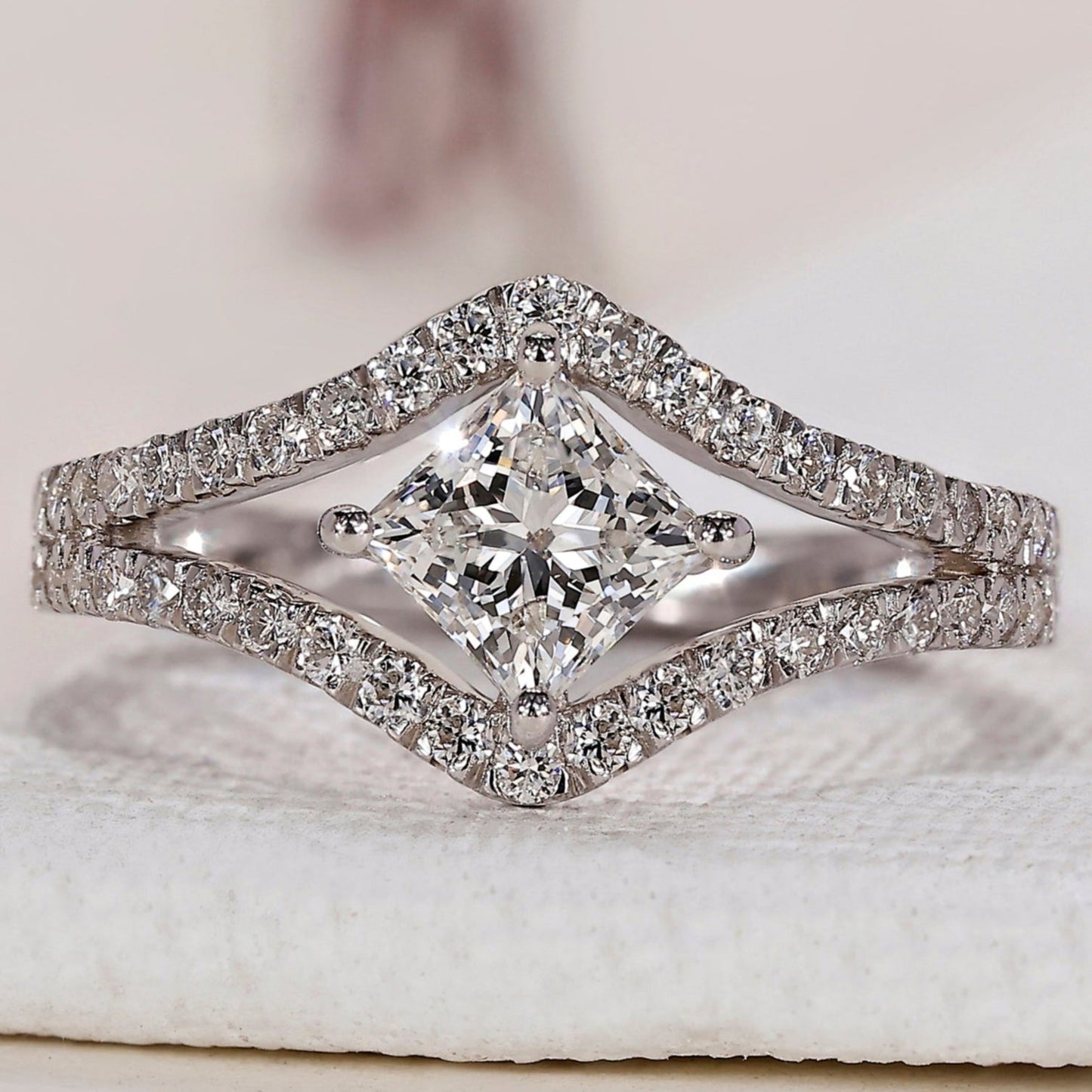 Princess Cut Diamond Ring - Split Shank Pave