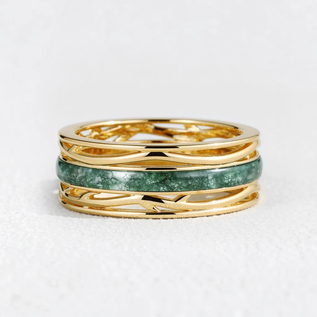 Odin’s Dominion | 8MM Moss Agate Men’s Ring with Openwork Branch Sides