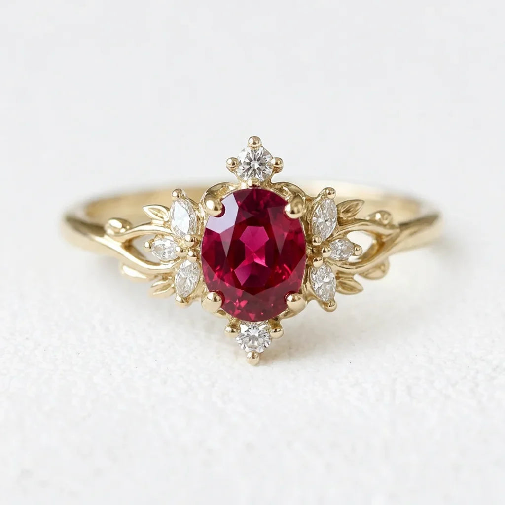 Roselight Briar | Oval Ruby Engagement Ring with Scattered Diamond Leaves
