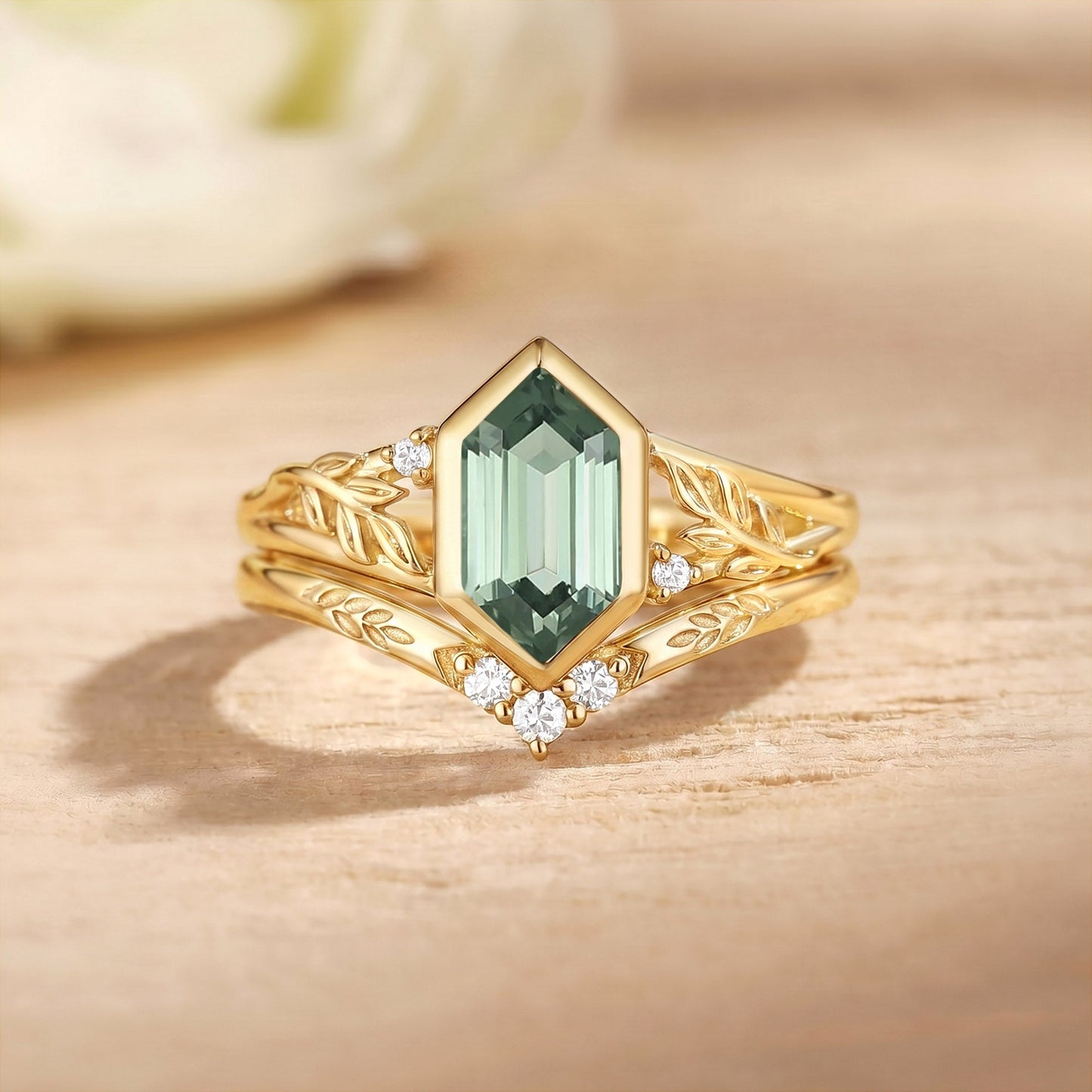 Elongated Hexagon Bezel Lab Green Sapphire Leaf Engraved Engagement Ring Set 2pcs - Dawn