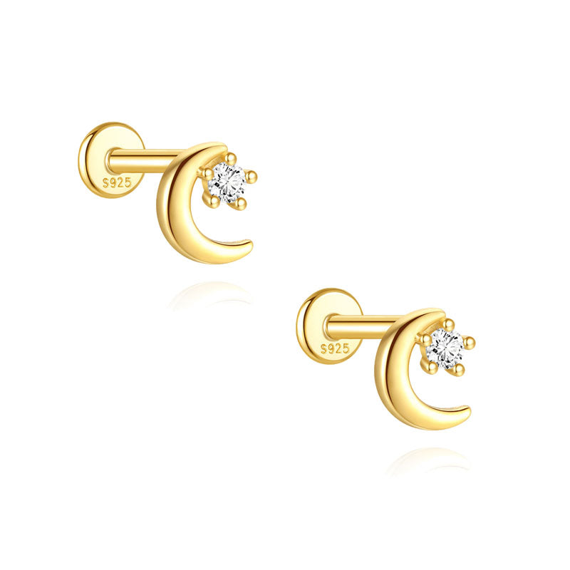 S925 Sterling Silver Gold Plated Moon with Round CZ Flat Back Cartilage Earring