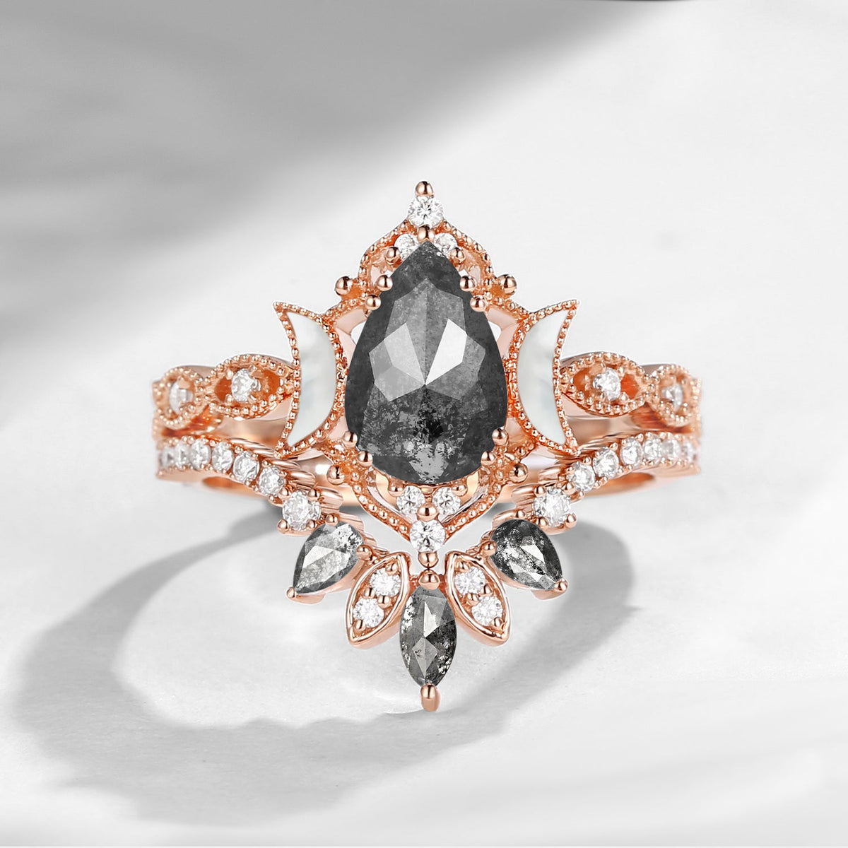 Crescent Moon | Pear Salt & Pepper Diamond & Mother of Pearl Moon 'Ultra Galaxy' Engagement Ring Set 2pcs