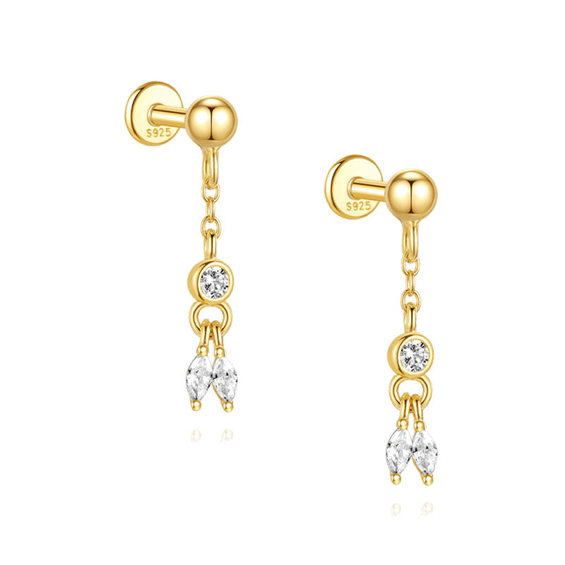 S925 Sterling Silver Gold Plated Round & Marquise CZ Chain Dangle Flat Back Cartilage Earring