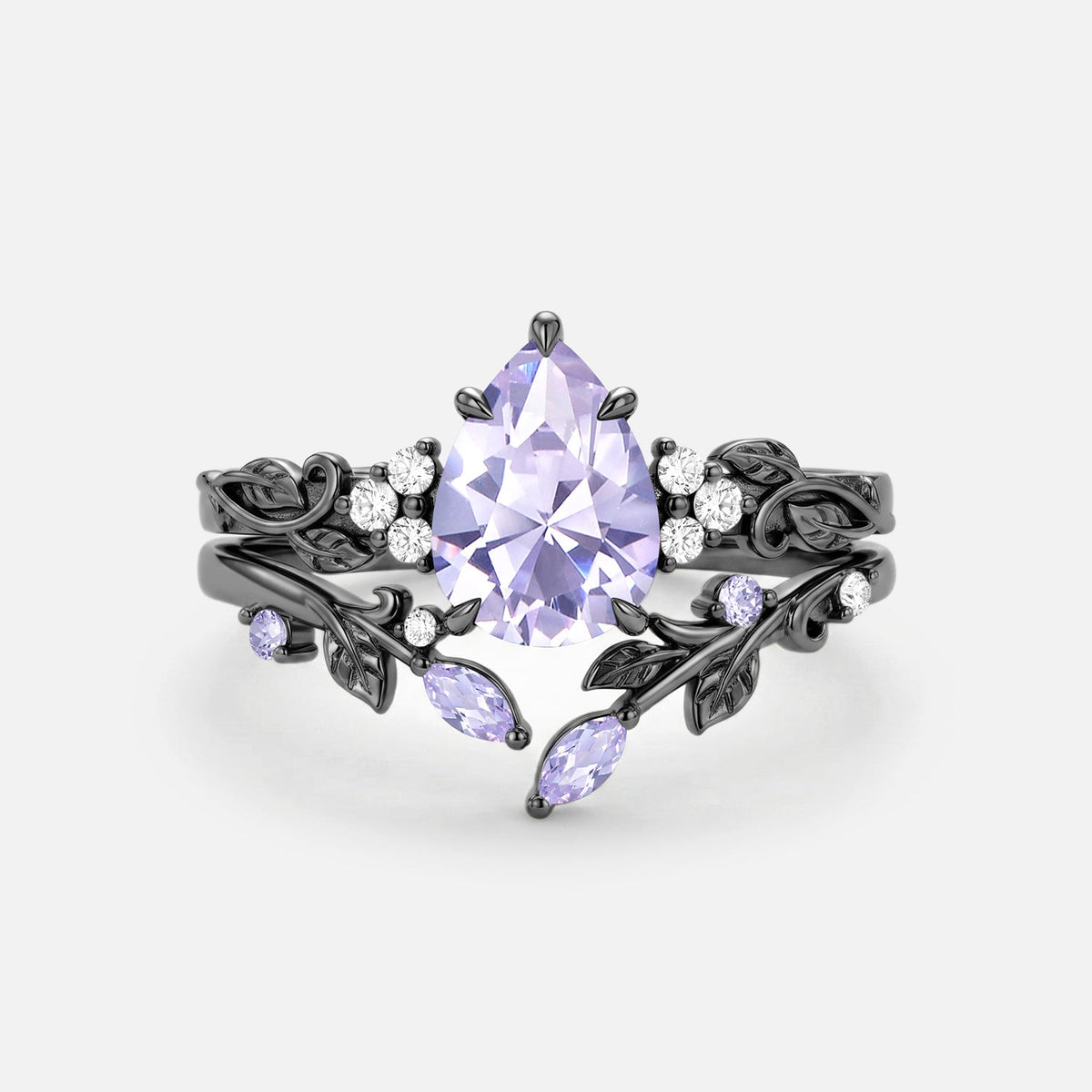 Pear Cut Leafy Lab Lavender Sapphire Engagement Ring Set 2pcs - Cassia