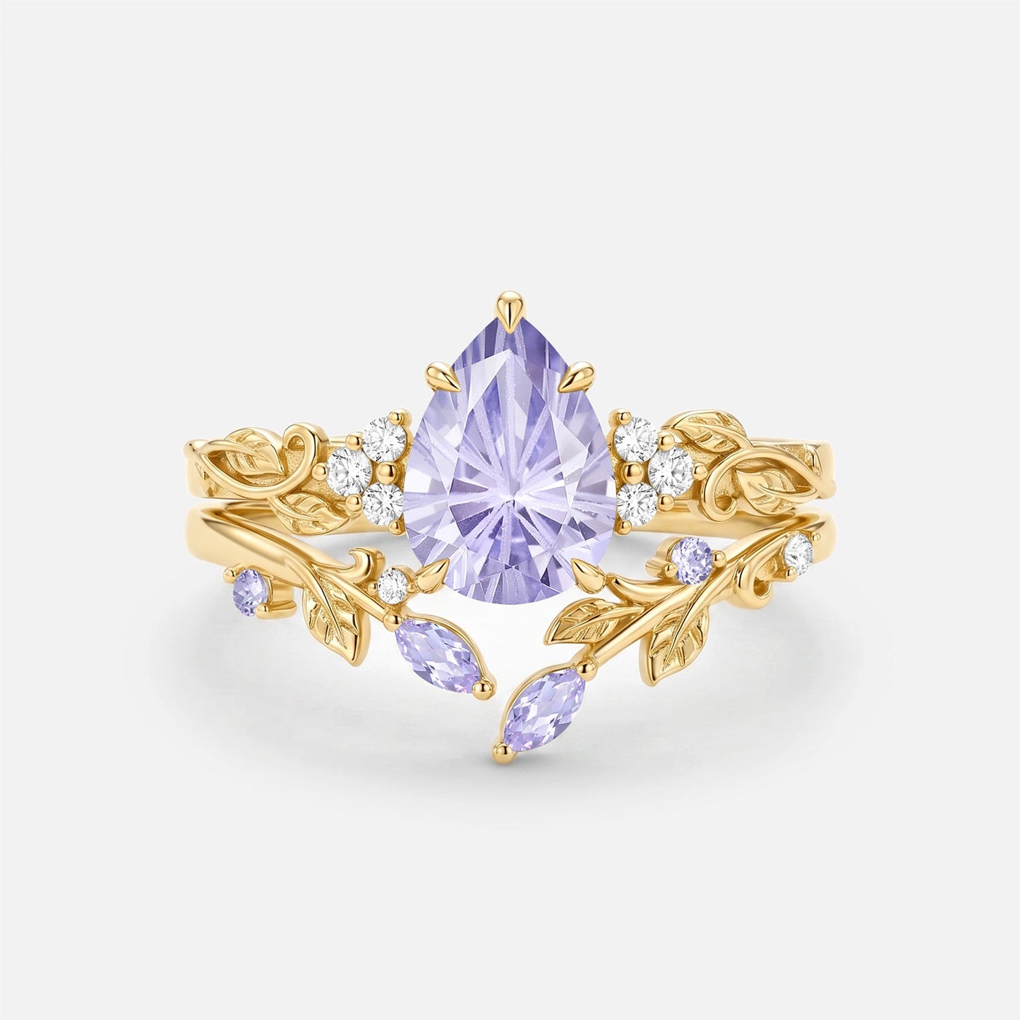 Pear Cut Leafy Firework Lab Lavender Sapphire Engagement Ring Set 2pcs - Cassia