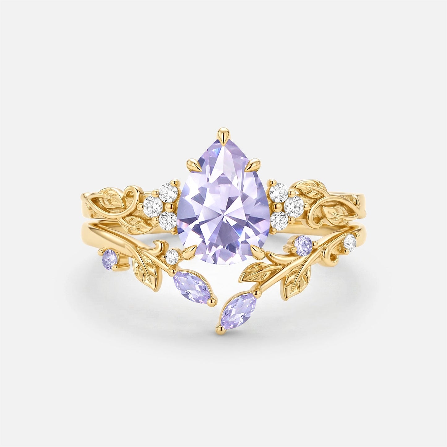Pear Cut Leafy Lab Lavender Sapphire Engagement Ring Set 2pcs - Cassia