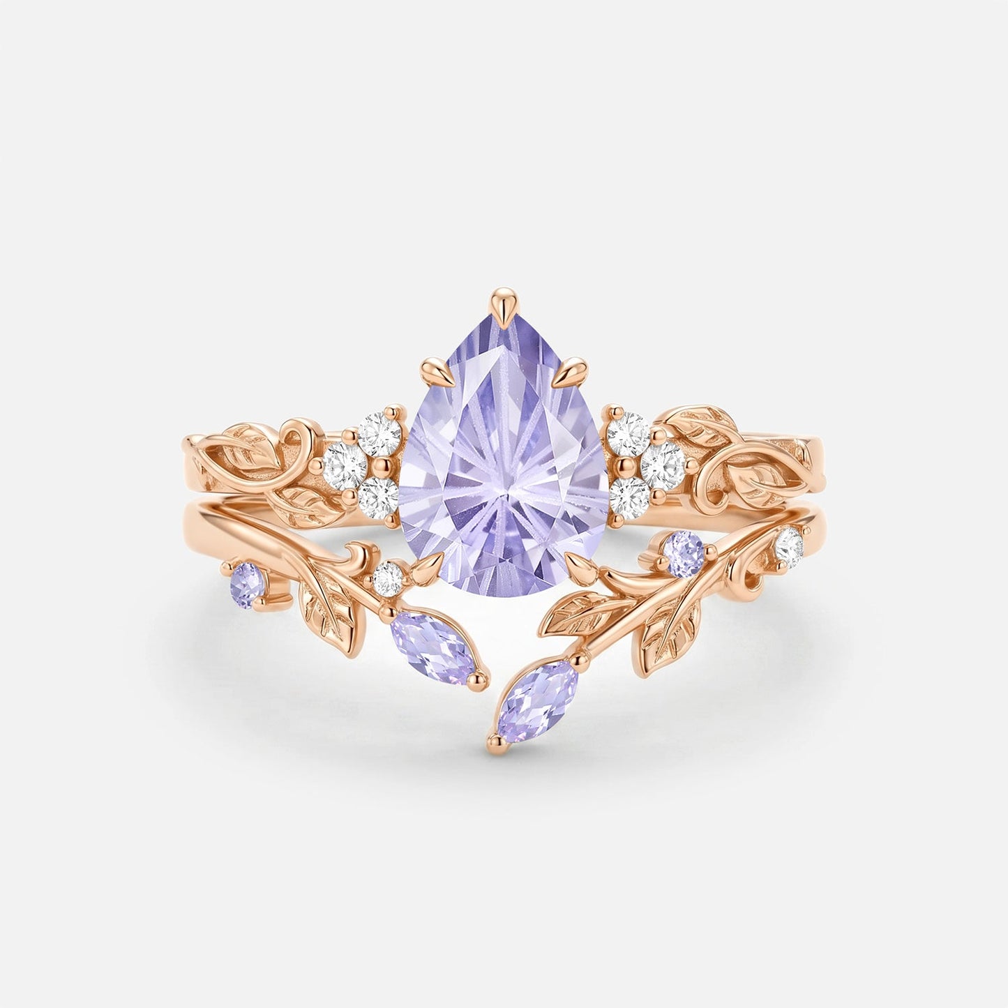 Pear Cut Leafy Firework Lab Lavender Sapphire Engagement Ring Set 2pcs - Cassia