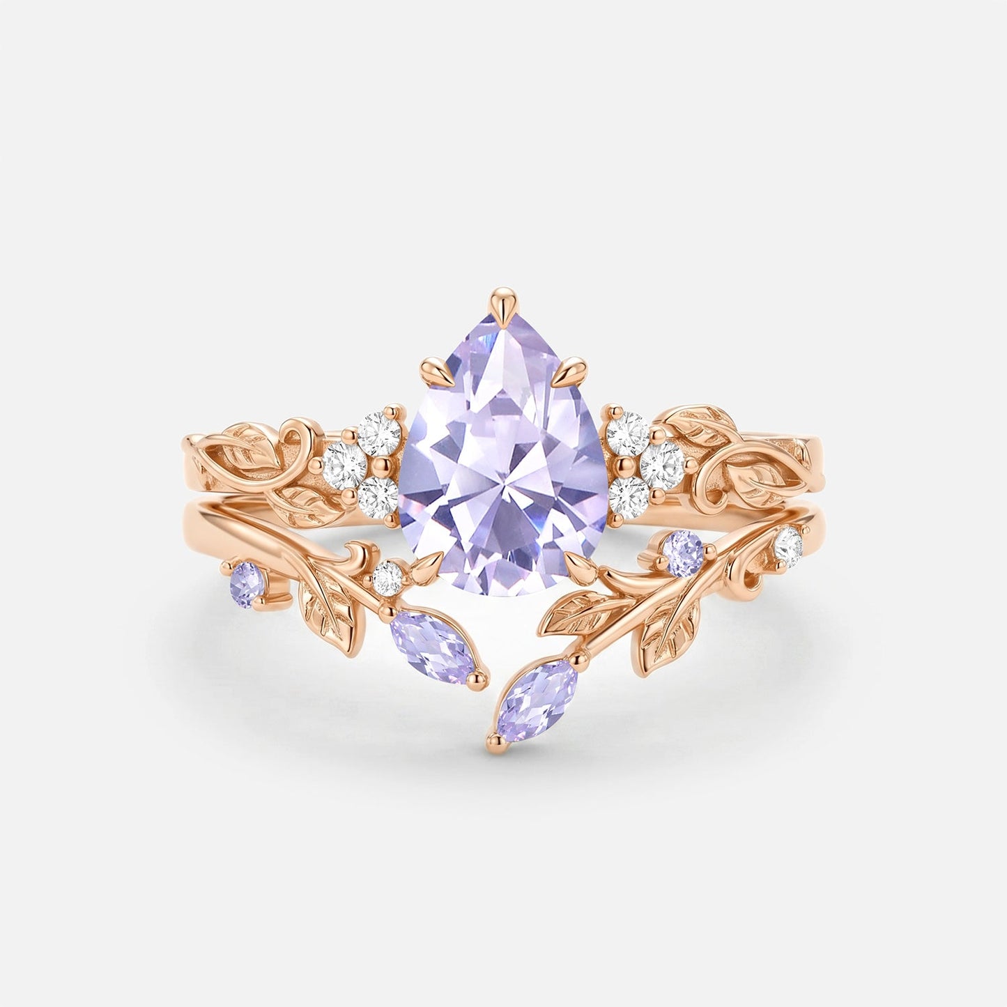 Pear Cut Leafy Lab Lavender Sapphire Engagement Ring Set 2pcs - Cassia