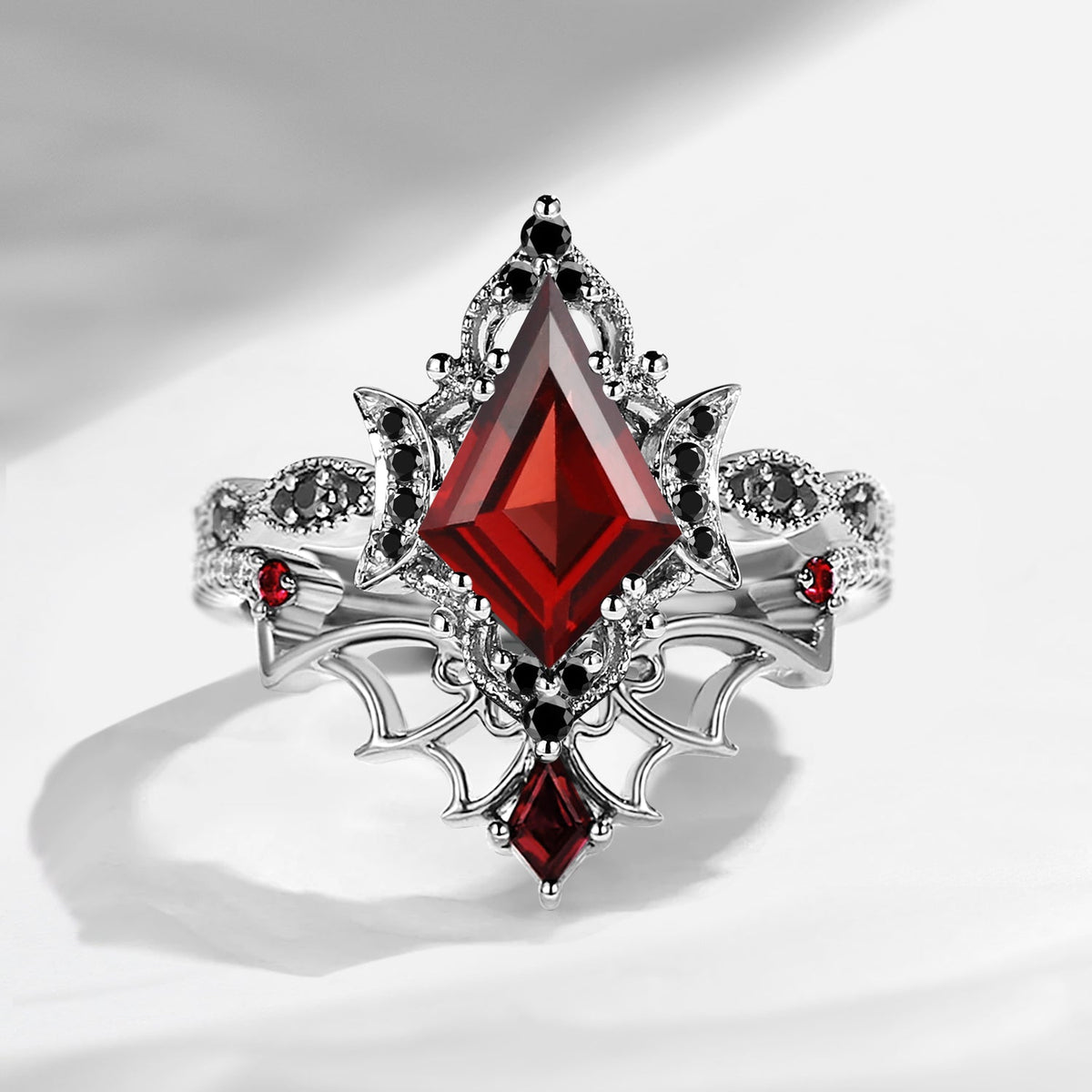 Crescent Moon | Vintage Inspired Kite Cut Garnet Black Gold Engagement Ring Set 2pcs