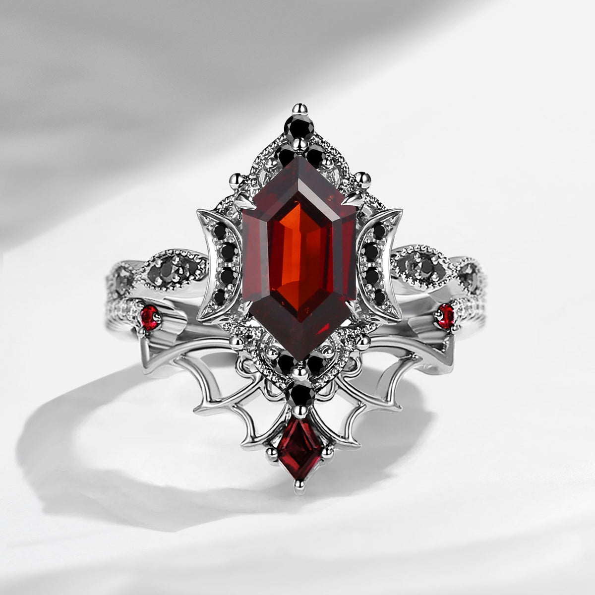 Crescent Moon | Vintage Inspired Long Hexagon Cut Garnet Black Gold Engagement Ring Set 2pcs