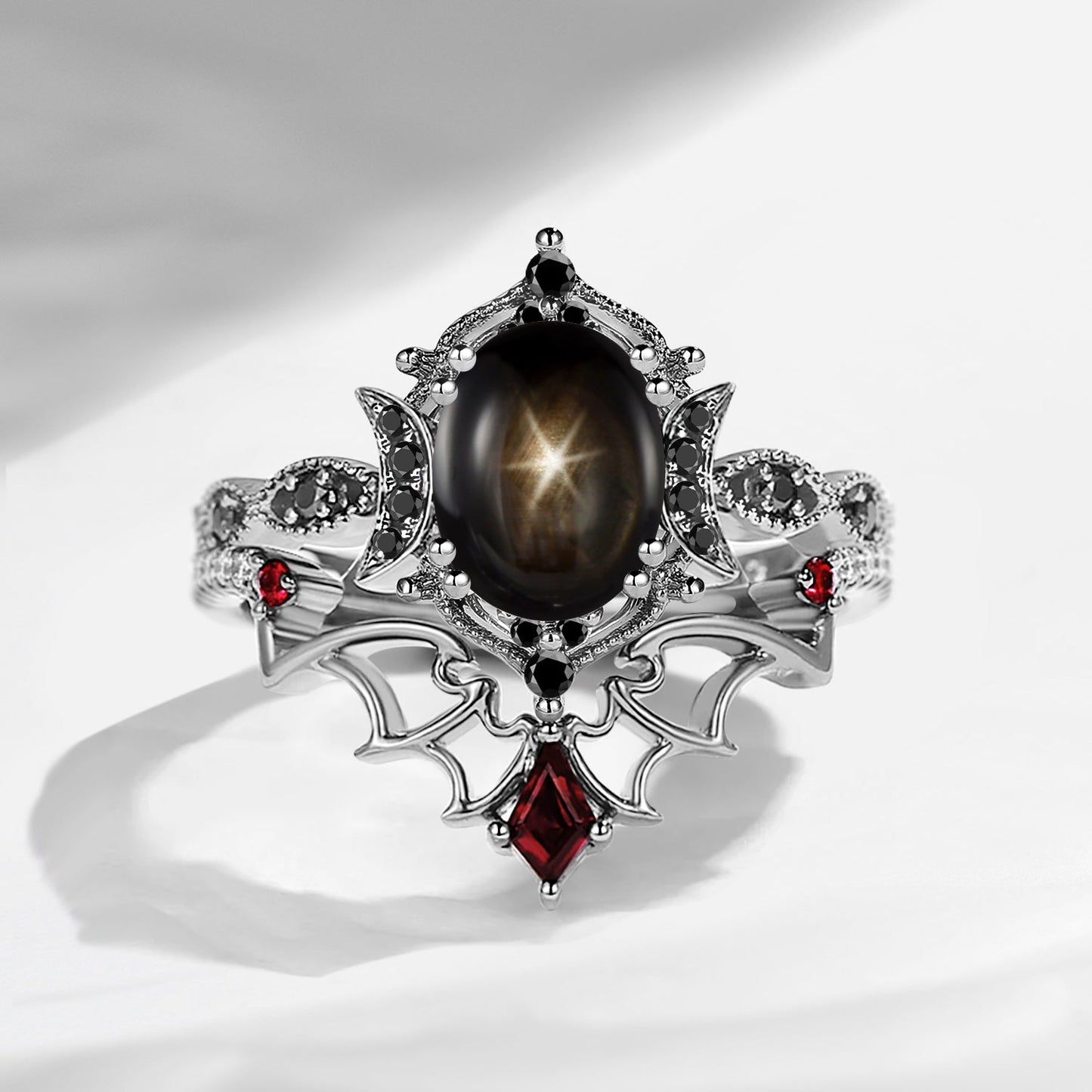 Crescent Moon | Bat Inspired Oval Cut Natural Black Star Sapphire Gothic Black Gold Engagement Ring Set 2pcs
