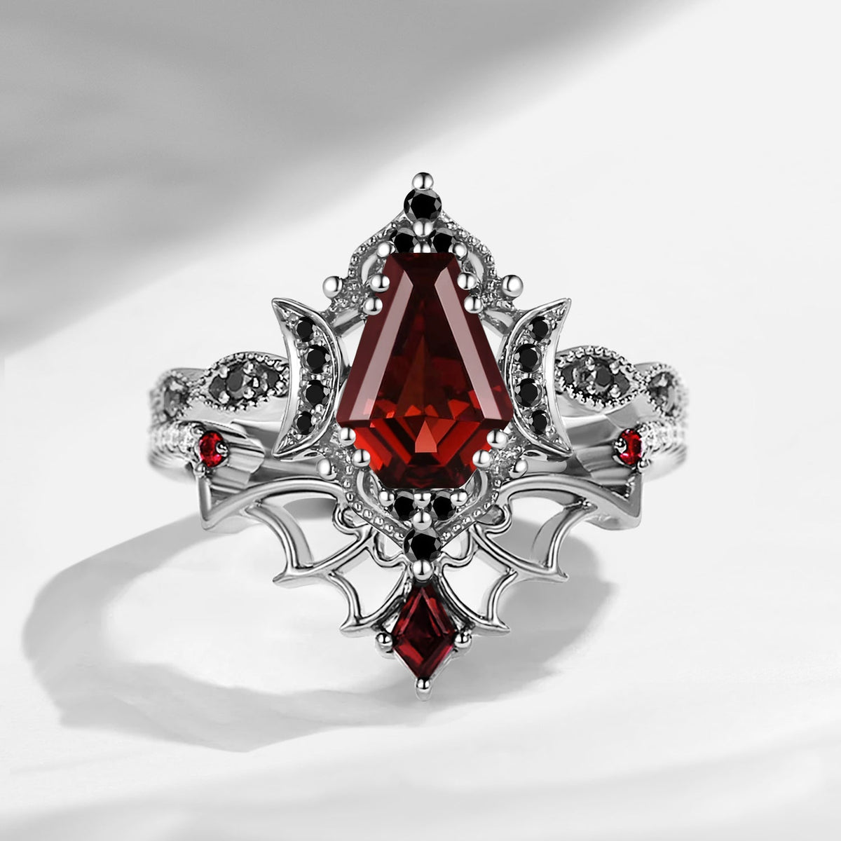 Crescent Moon | Vintage Inspired Coffin Cut Garnet Black Gold Engagement Ring Set 2pcs