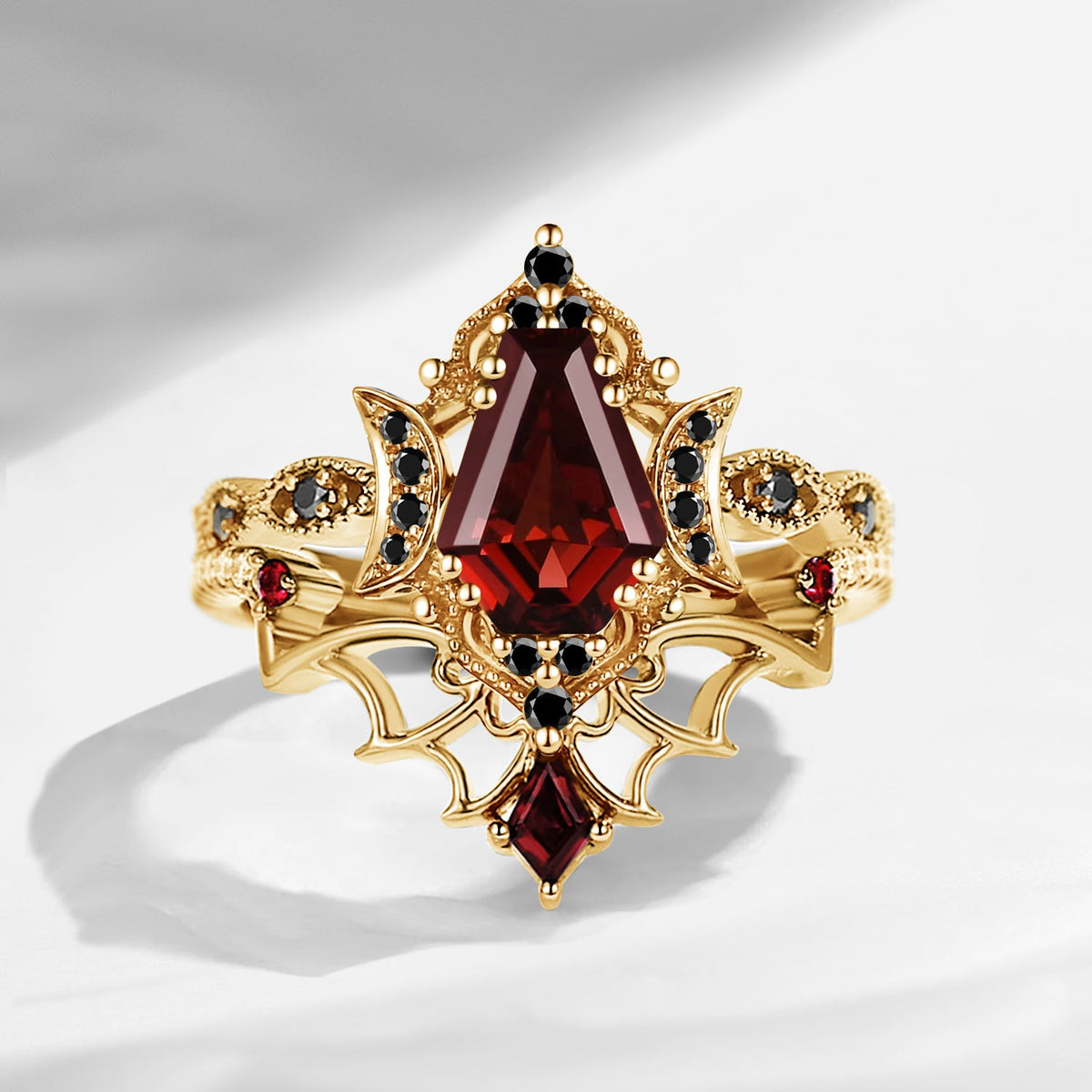 Crescent Moon | Vintage Inspired Coffin Cut Garnet Black Gold Engagement Ring Set 2pcs