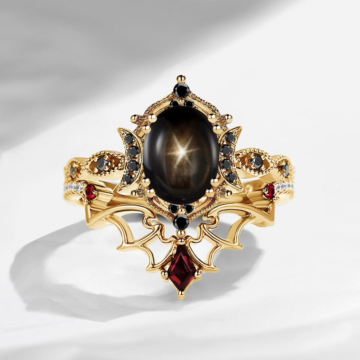 Crescent Moon | Bat Inspired Oval Cut Natural Black Star Sapphire Gothic Black Gold Engagement Ring Set 2pcs