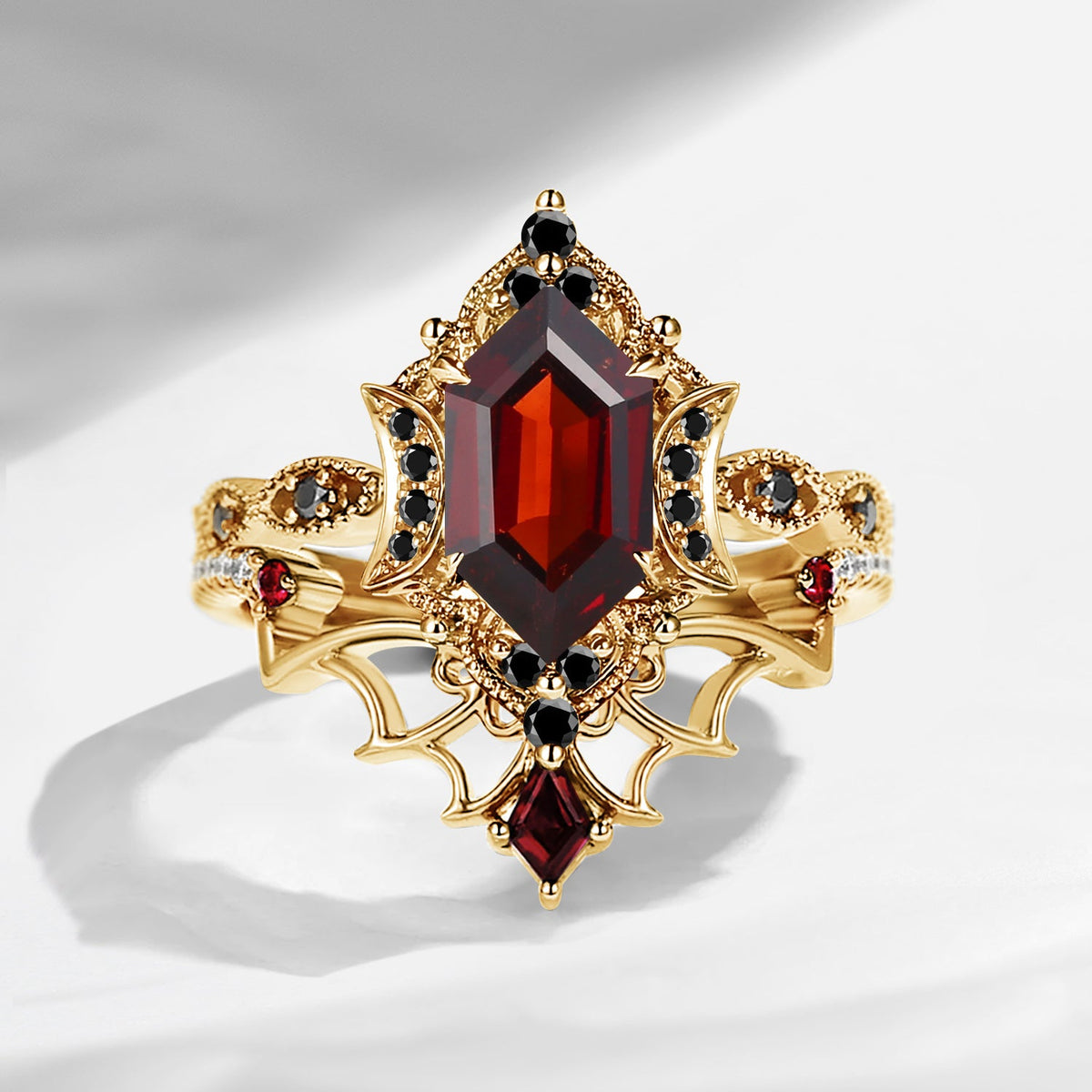 Crescent Moon | Vintage Inspired Long Hexagon Cut Garnet Black Gold Engagement Ring Set 2pcs