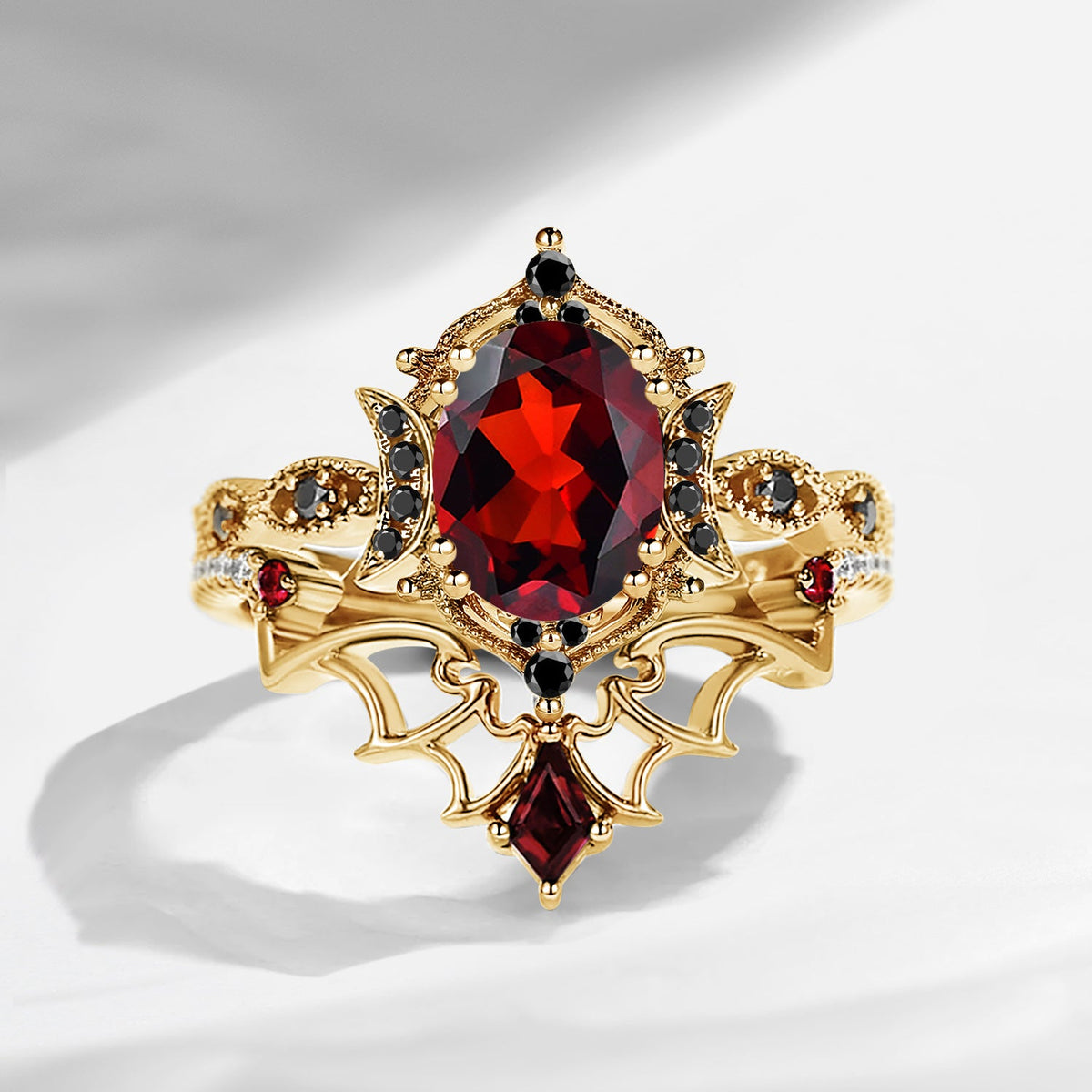 Crescent Moon | Vintage Inspired Oval Cut Garnet Black Gold Engagement Ring Set 2pcs