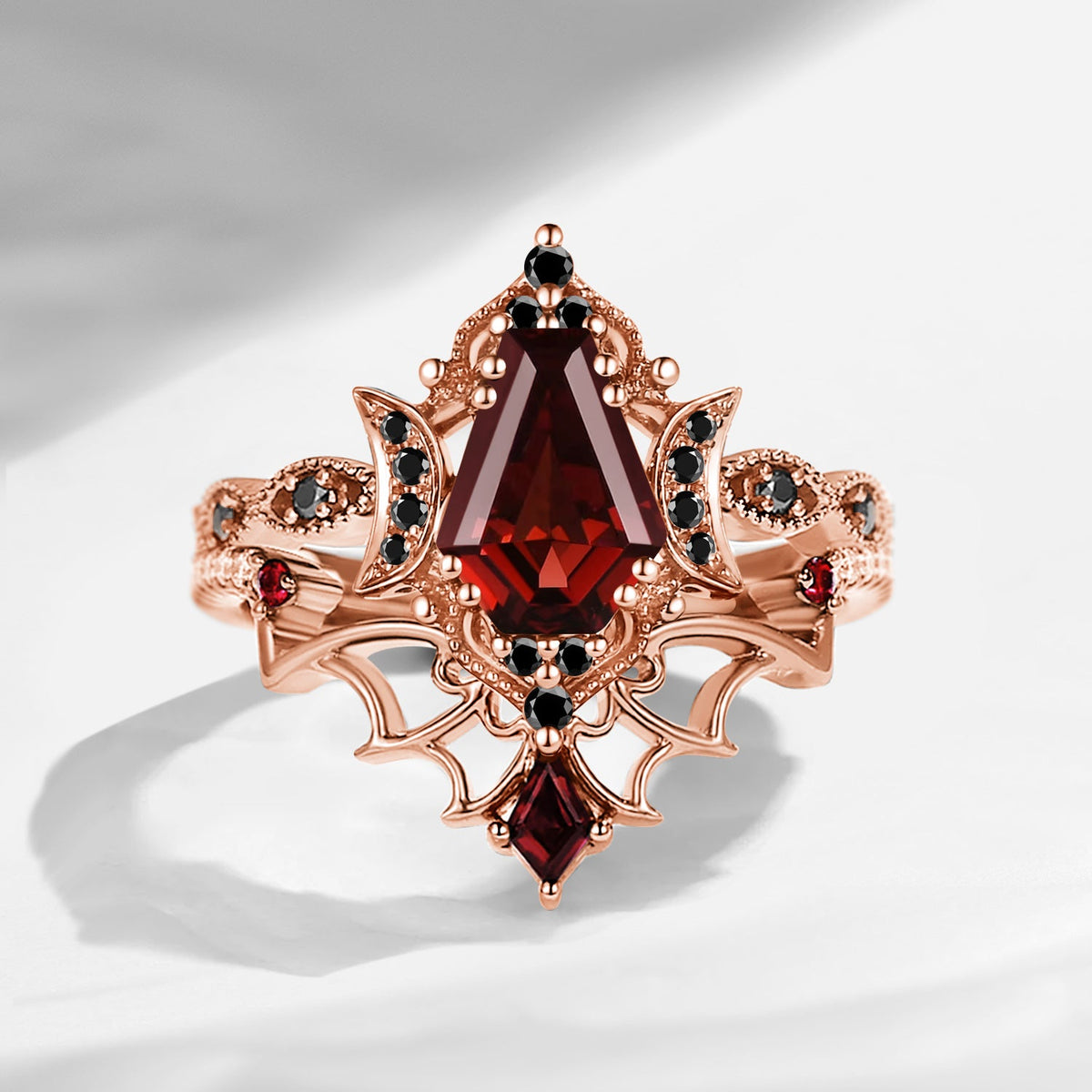 Crescent Moon | Vintage Inspired Coffin Cut Garnet Black Gold Engagement Ring Set 2pcs