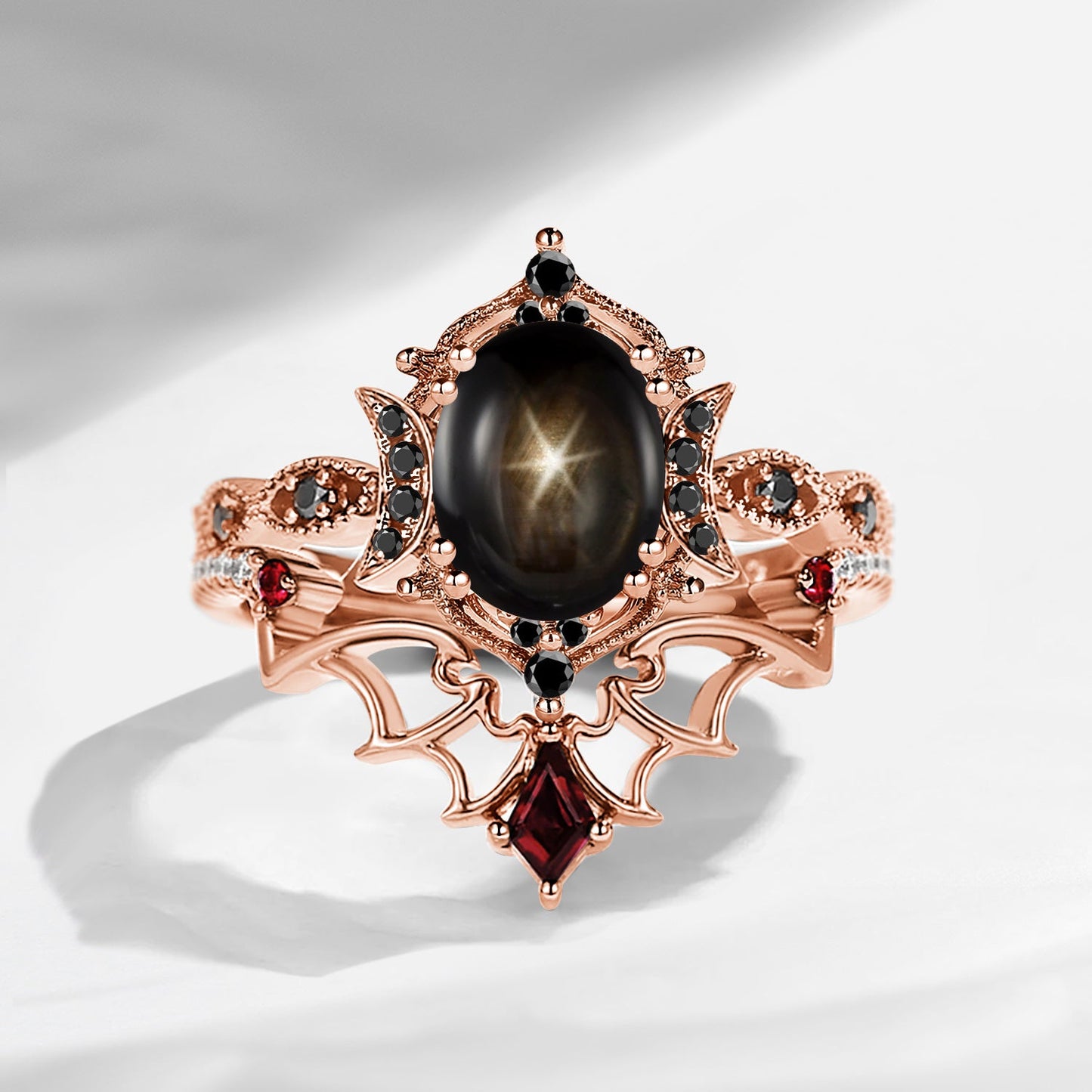 Crescent Moon | Bat Inspired Oval Cut Natural Black Star Sapphire Gothic Black Gold Engagement Ring Set 2pcs