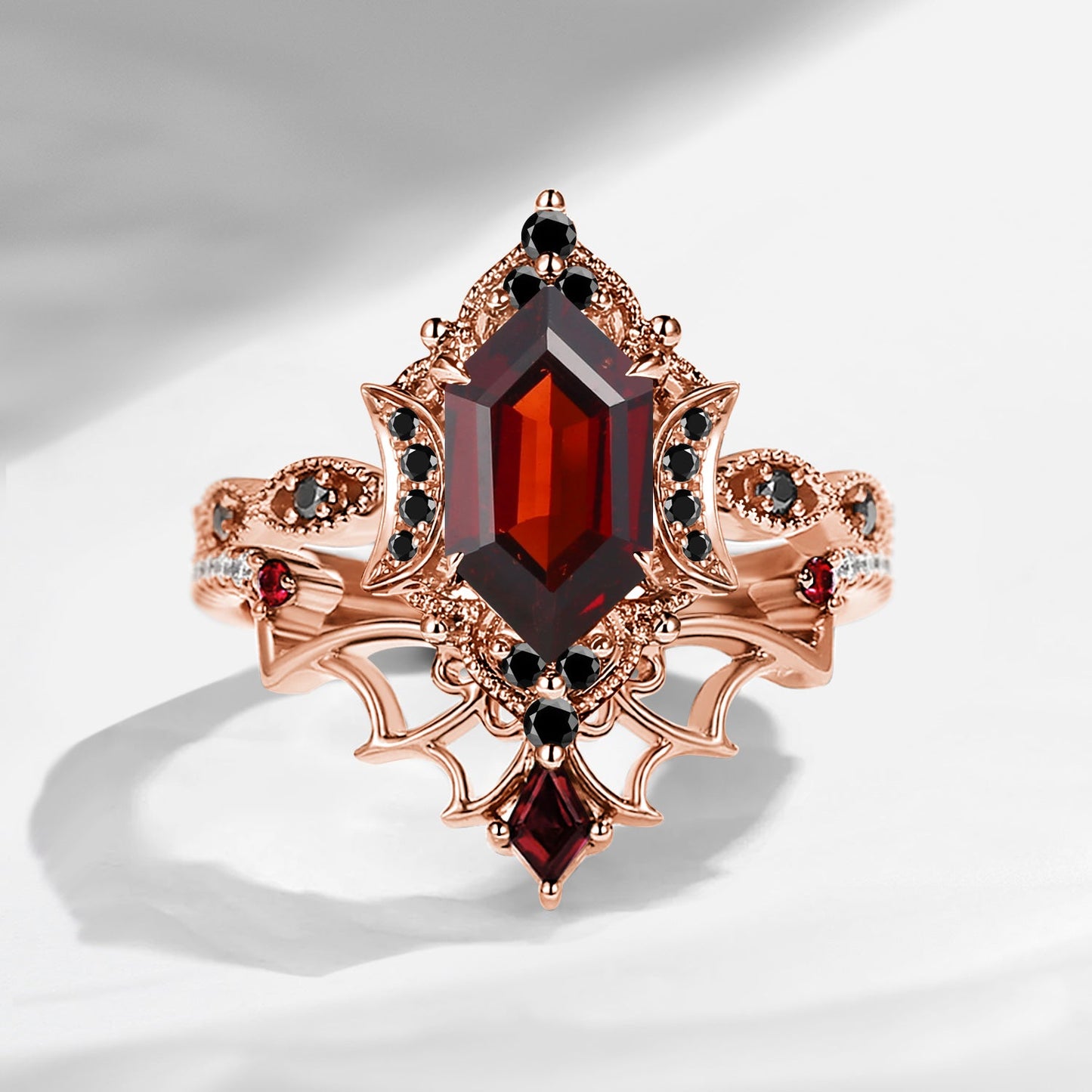 Crescent Moon | Vintage Inspired Long Hexagon Cut Garnet Black Gold Engagement Ring Set 2pcs