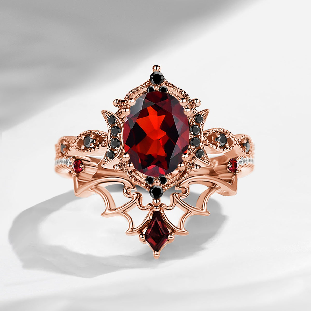 Crescent Moon | Vintage Inspired Oval Cut Garnet Black Gold Engagement Ring Set 2pcs
