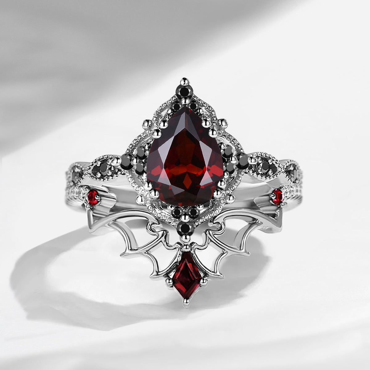 Gothic Inspired 'Dark Romance' Pear Cut Garnet Black Gold Engagement Ring Set 2pcs