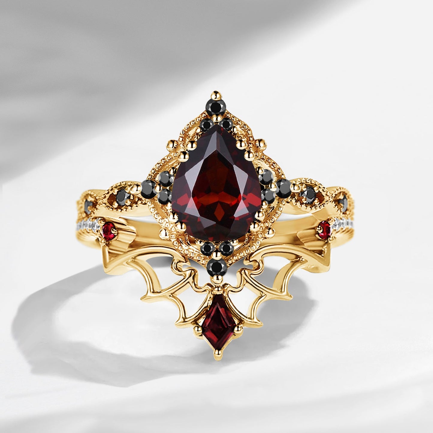 Gothic Inspired 'Dark Romance' Pear Cut Garnet Black Gold Engagement Ring Set 2pcs