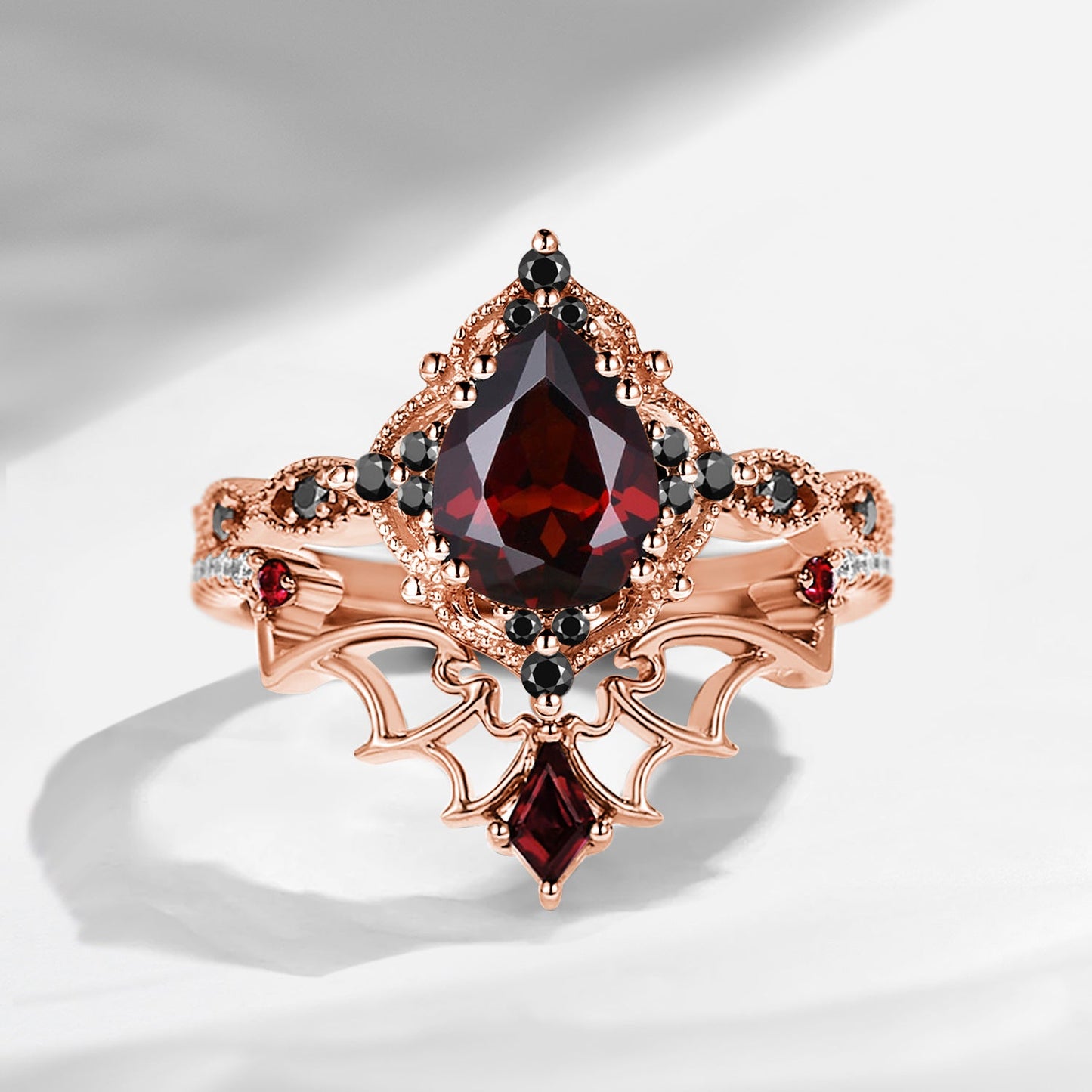 Gothic Inspired 'Dark Romance' Pear Cut Garnet Black Gold Engagement Ring Set 2pcs