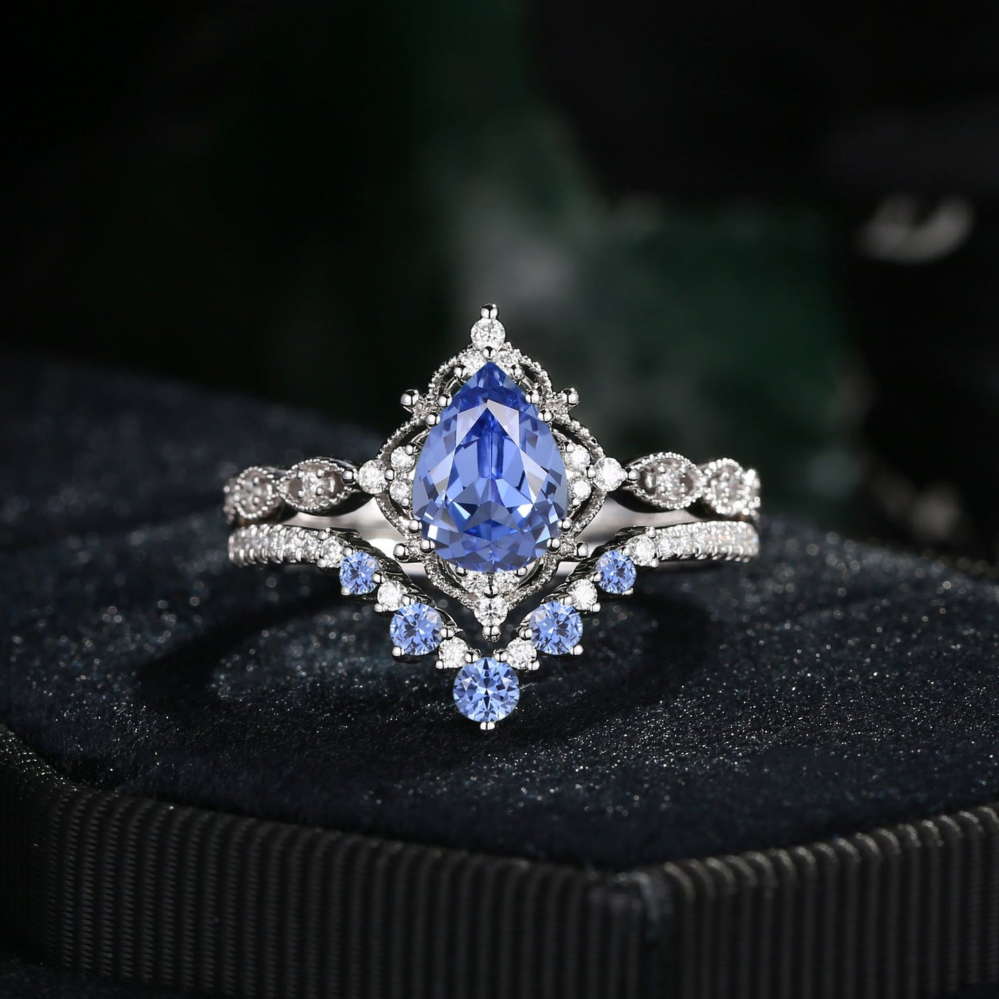 Antique Pear Cut Lab Cornflower Sapphire Engagement Ring 2pcs