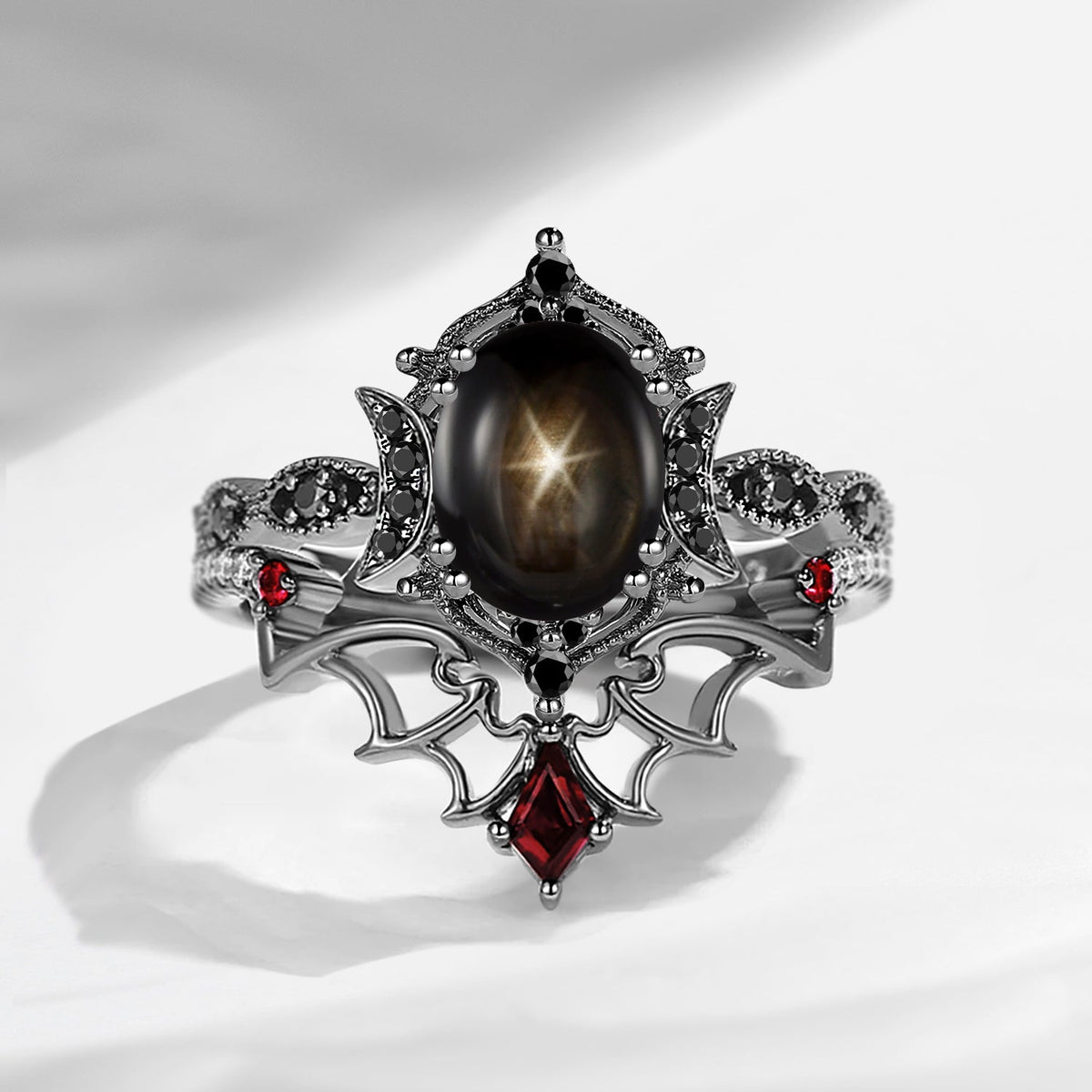 Crescent Moon | Bat Inspired Oval Cut Natural Black Star Sapphire Gothic Black Gold Engagement Ring Set 2pcs