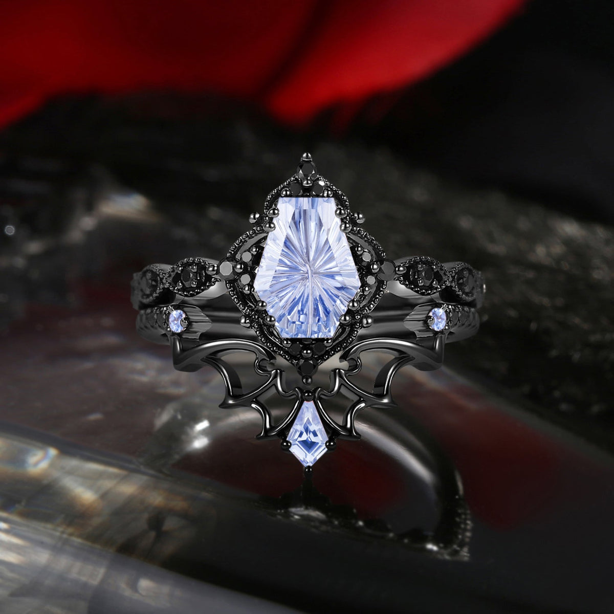 'Dark Romance'– Gothic Fantasy Carved Coffin Lab Cornflower Sapphire Engagement Ring Set