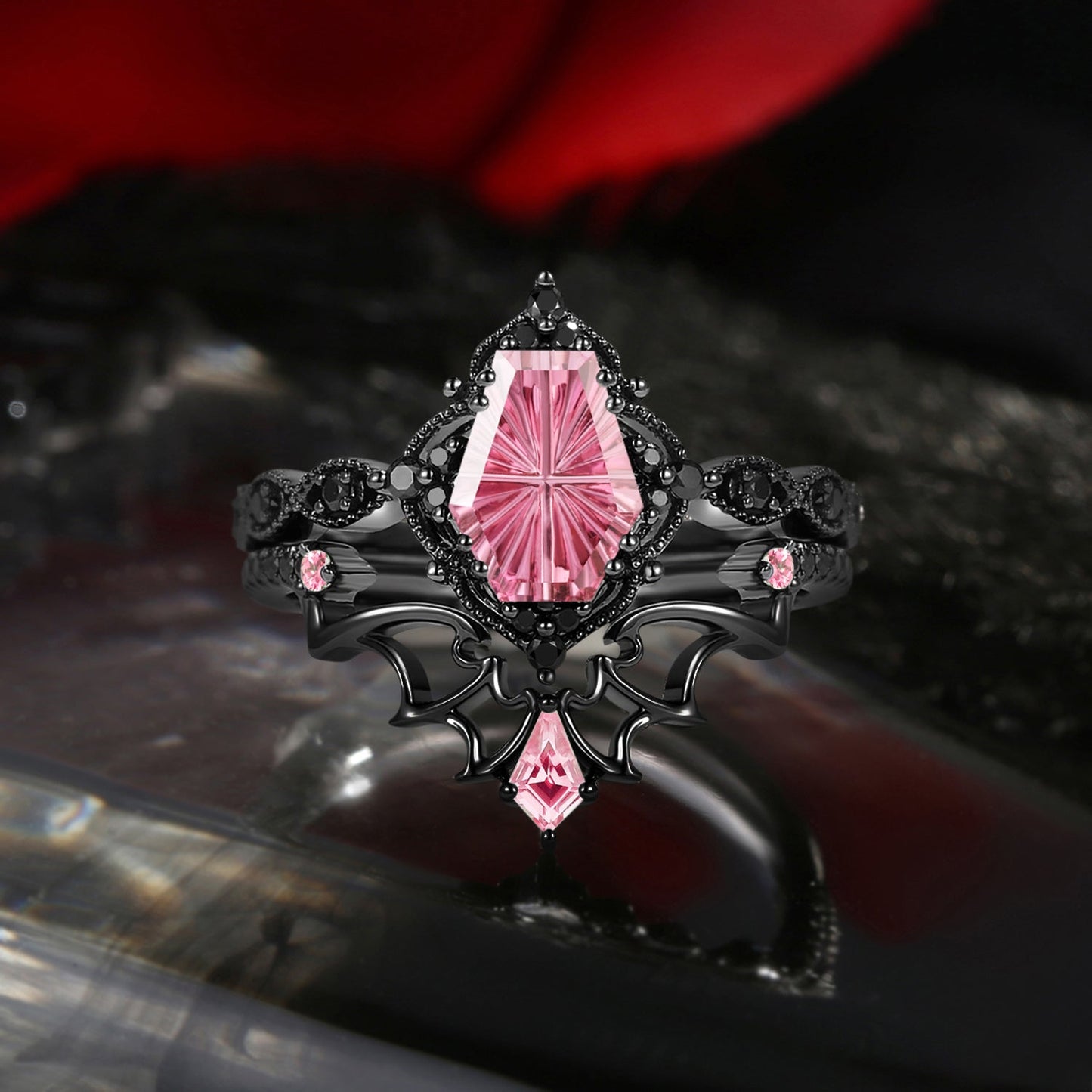 'Dark Romance' – Gothic Fantasy Carved Coffin Natural Pink Tourmaline Engagement Ring Set