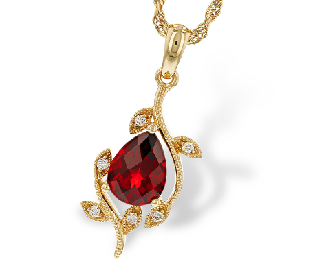 14KY Pear Shape Garnet & Diamond Floral Necklace