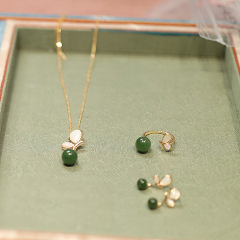 Fortune Jewel Natural Butterfly Tridacna Stone Cyan Jade Copper Plated Gold Calm Necklace Pendant Ring Earrings Set