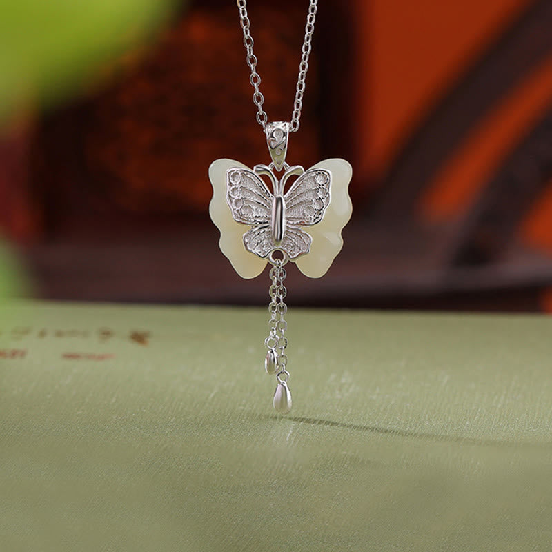 Fortune Jewel 925 Sterling Silver Plated Gold Hetian White Jade Butterfly Blessing Necklace Pendant